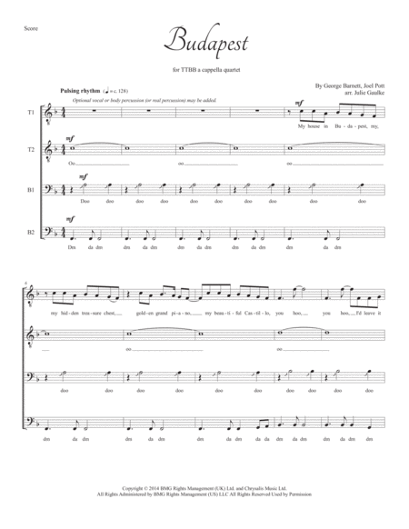 Budapest For Ttbb A Cappella Quartet Sheet Music