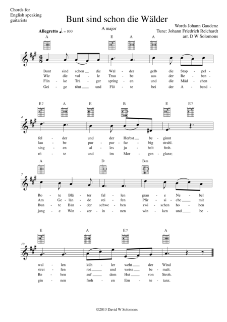 Bunt Sind Schon Die Wlder For Voice And Guitar Chords Sheet Music