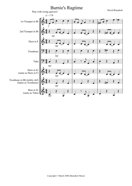 Burnies Ragtime For Brass Quintet Sheet Music