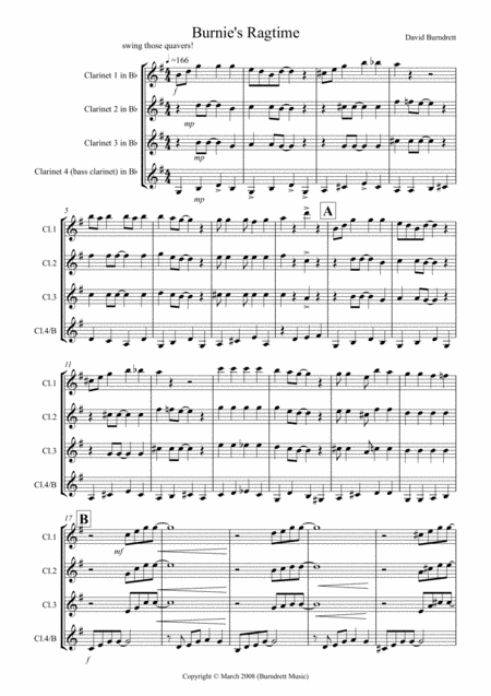 Burnies Ragtime For Clarinet Quartet Sheet Music