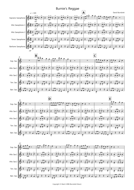 Free Sheet Music Burnies Reggae For Saxophone Quintet