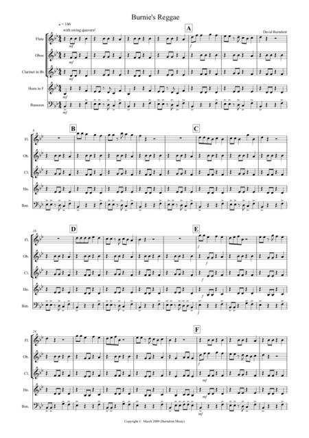 Burnies Reggae For Wind Quintet Sheet Music