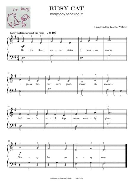 Busy Cat Rhapsody Series No 2 D Position Easy Piano With Note Names Finger Numbers And Lyrics Sheet Music