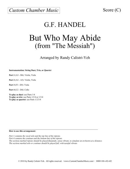 But Who May Abide Messiah String Duet Trio Quartet Sheet Music