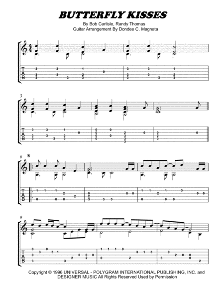 Butterfly Kisses Easy Fingerstyle Guitar Arrangement Sheet Music