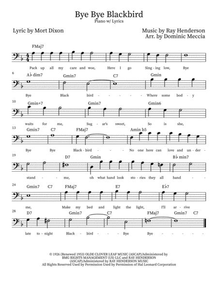 Bye Bye Blackbird Piano Bass Clef W Lyrics Sheet Music