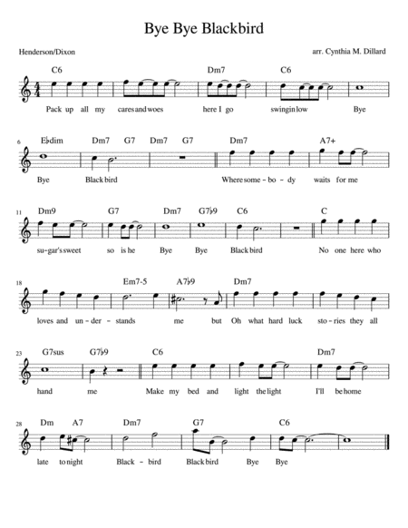 Bye Bye Blackbird Piano Vocal Jazz Solo Leadsheet Sheet Music