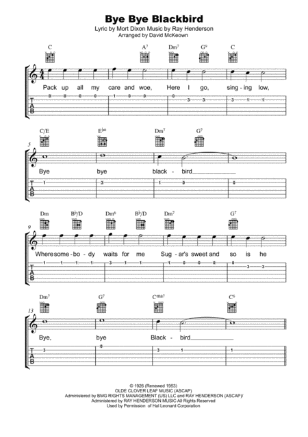 Bye Bye Blackbird Tab Notation Lyrics And Chords For Guitar Sheet Music