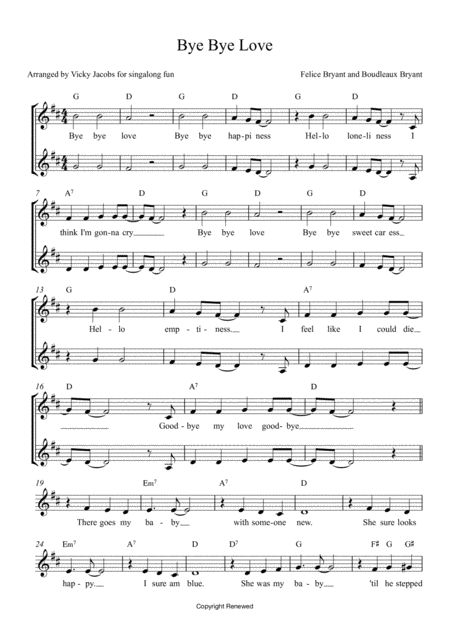 Free Sheet Music Bye Bye Love Leadsheet For Singalong Fun