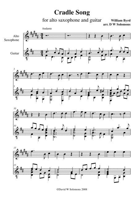 Byrds Cradle Song For Alto Saxophone And Guitar Sheet Music