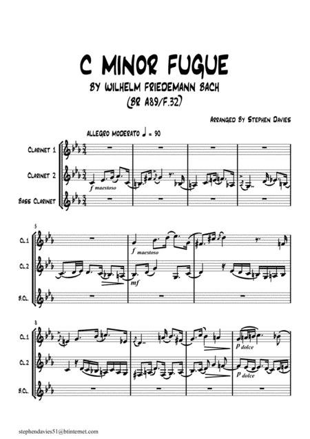 C Minor Fugue By Wilhelm Friedemann Bach For Clarinet Trio Sheet Music