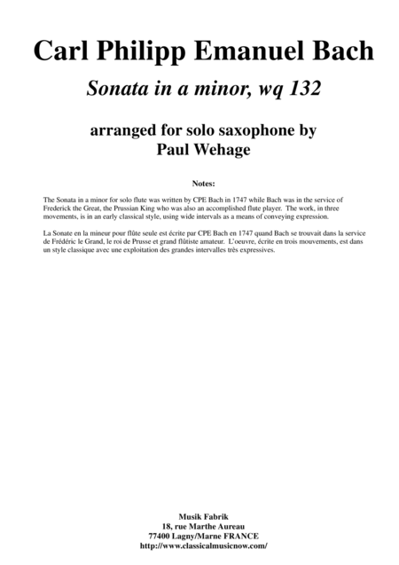 C P E Bach Sonata In A Minor Wq 132 Arranged For Alto Saxophone By Paul Wehage Sheet Music