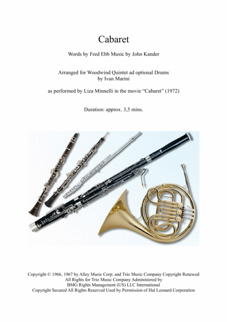 Free Sheet Music Cabaret As Performed By Liza Minnelli Woodwind Quintet And Opt Drums