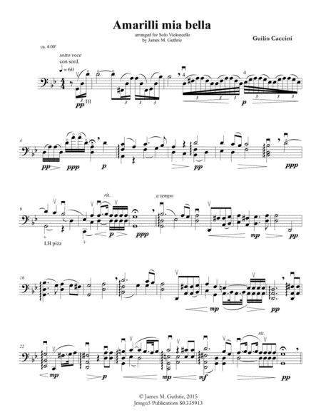 Free Sheet Music Caccini Amarilli Mia Bella For Solo Cello