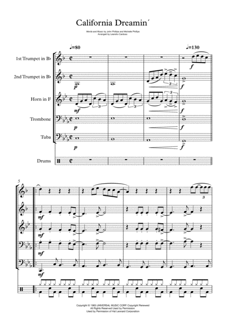 California Dreamin Brass Quintet Sheet Music