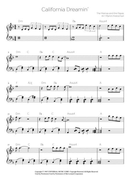 California Dreamin Easy Piano Sheet Music