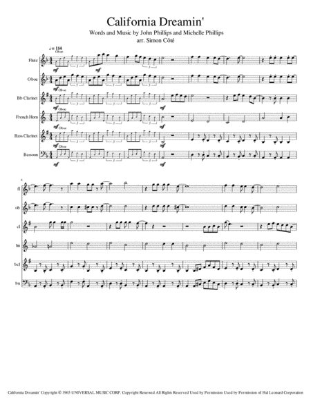 California Dreamin For Variable Woodwind Quintet Sheet Music