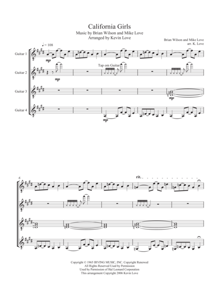 Free Sheet Music California Girls Guitar Quartet Score And Parts