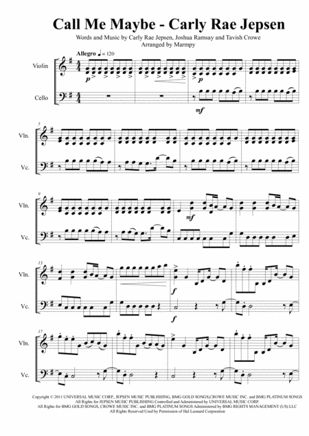 Free Sheet Music Call Me Maybe Carly Rae Jepsen Arranged For String Duet