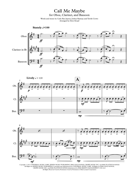 Call Me Maybe For Oboe Clarinet And Bassoon Woodwind Trio Sheet Music