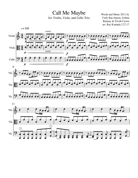 Free Sheet Music Call Me Maybe For Violin Viola Cello Trio