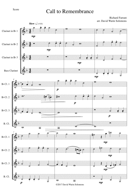 Free Sheet Music Call To Remembrance For Clarinet Quartet 3 B Flat Clarinets And 1 Bass Or 4 B Flat Clarinets
