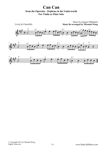 Free Sheet Music Can Can From Orpheus In The Underworld For Violin Or Flute Solo