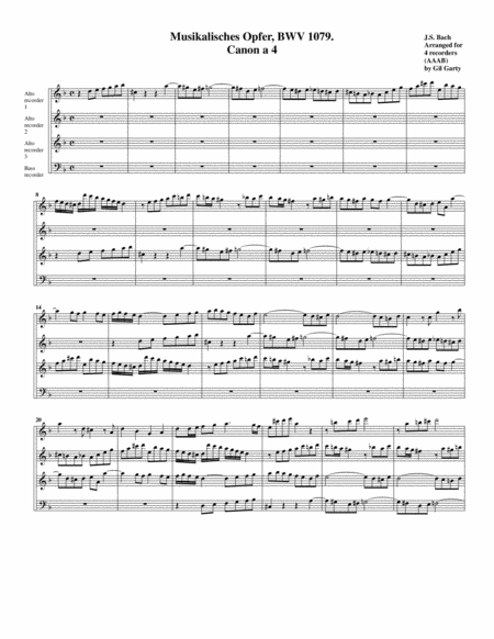 Canon A4 From Musikalisches Opfer Bwv 1079 Arrangement For 4 Recorders Sheet Music