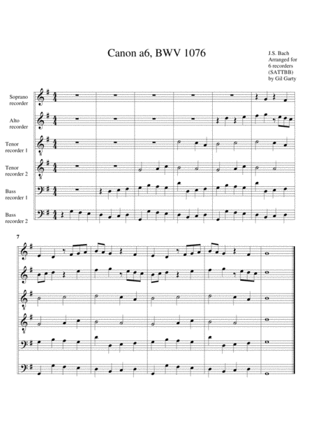 Canon A6 Bwv 1076 Arrangement For 6 Recorders Sheet Music