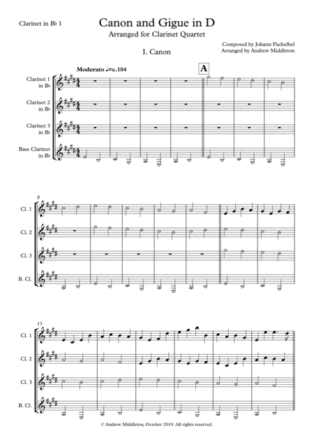 Canon And Gigue In D For Clarinet Quartet Sheet Music