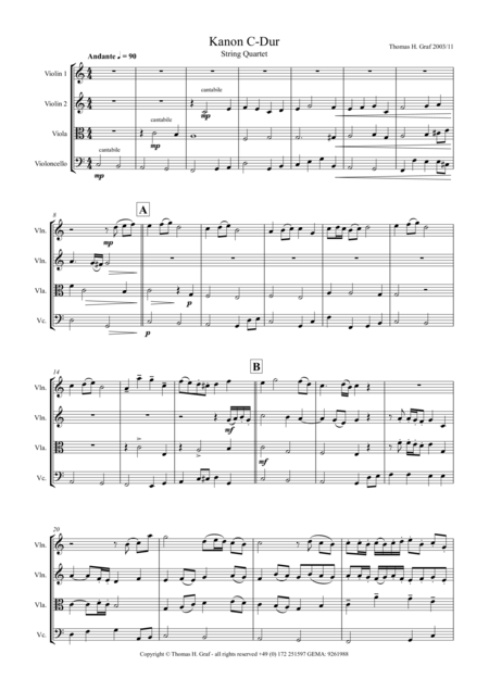 Free Sheet Music Canon C Major Kanon C Dur String Quartet