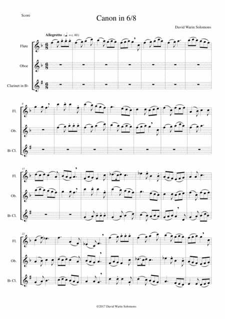 Canon In 6 8 For Flute Oboe And Clarinet Sheet Music