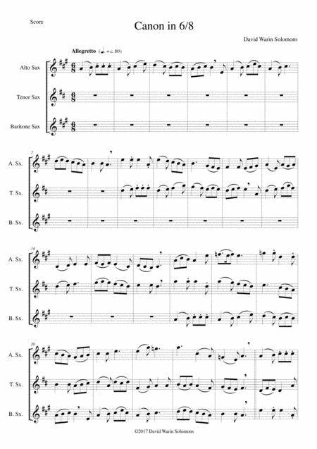 Free Sheet Music Canon In 6 8 For Saxophone Trio