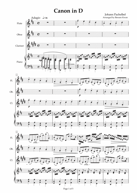 Free Sheet Music Canon In D Arranged For Woodwind Trio With Piano Accompaniment