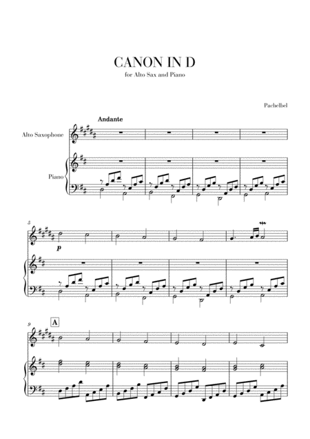 Free Sheet Music Canon In D For Alto Sax And Piano