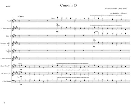Free Sheet Music Canon In D For Mixed Flute Clarinet Quartet