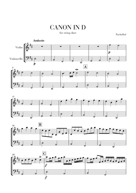 Canon In D For Violin And Cello Duet Sheet Music