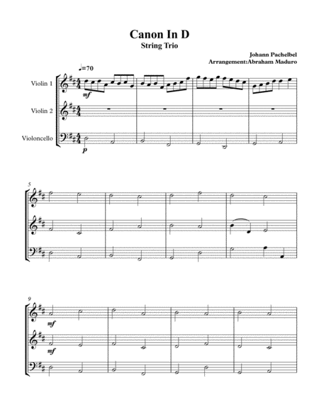 Free Sheet Music Canon In D String Trio 2 Violins And Cello