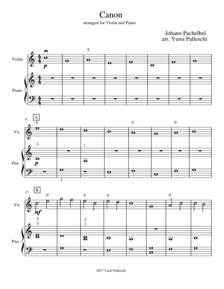 Canon Pachelbel Easy Violin Piano Duet Sheet Music