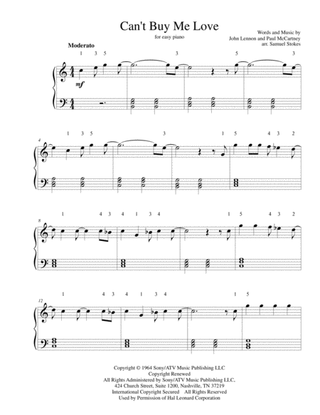 Free Sheet Music Cant Buy Me Love For Easy Piano