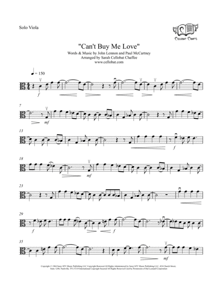 Cant Buy Me Love Solo Viola The Beatles Arr Cellobat Sheet Music