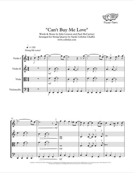 Cant Buy Me Love String Quartet Beatles Arr Cellobat Recording Available Sheet Music