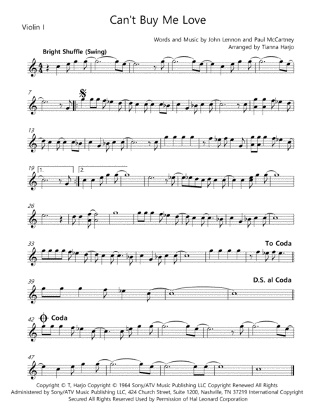 Free Sheet Music Cant Buy Me Love String Quartet