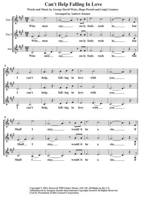 Free Sheet Music Cant Help Falling In Love A Cappella Ssa