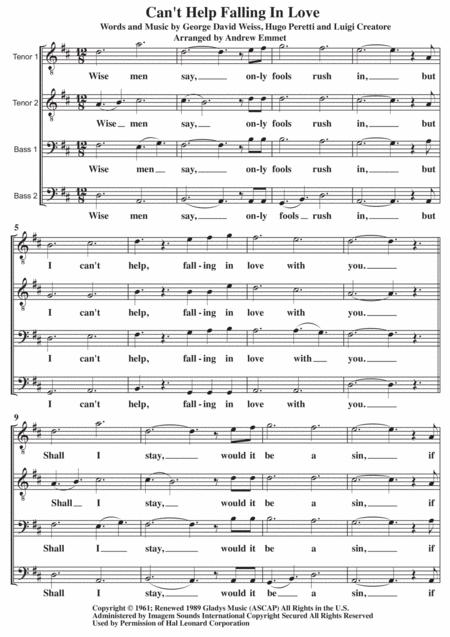 Free Sheet Music Cant Help Falling In Love A Cappella Ttbb