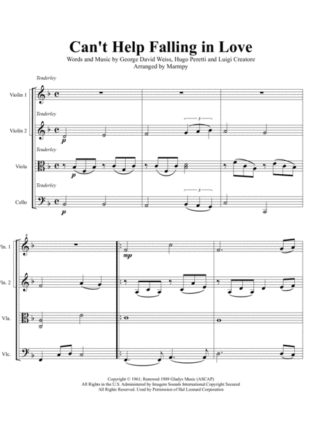 Free Sheet Music Cant Help Falling In Love Arranged For String Quartet