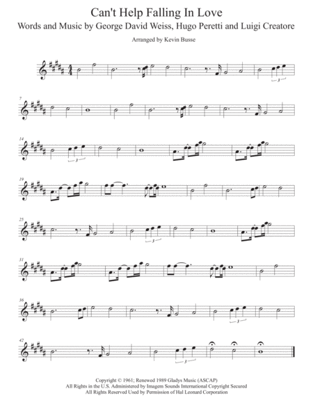 Free Sheet Music Cant Help Falling In Love Bari Sax