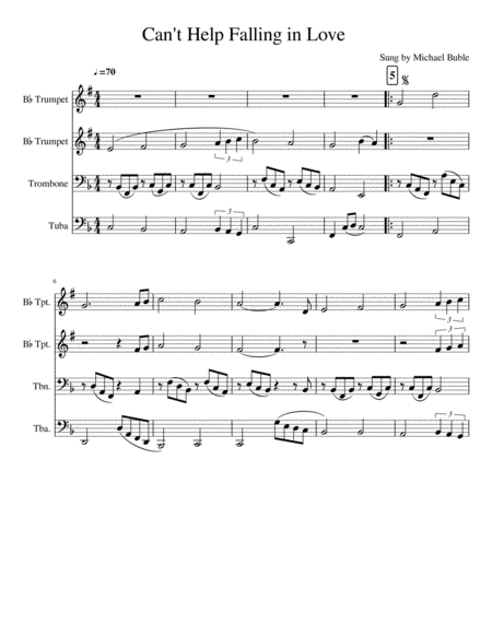 Free Sheet Music Cant Help Falling In Love Brass Quartet