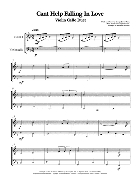 Cant Help Falling In Love By Michael Buble Violin And Cello Duet Sheet Music