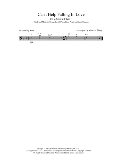Free Sheet Music Cant Help Falling In Love Easy Cello Solo In F Key With Chords